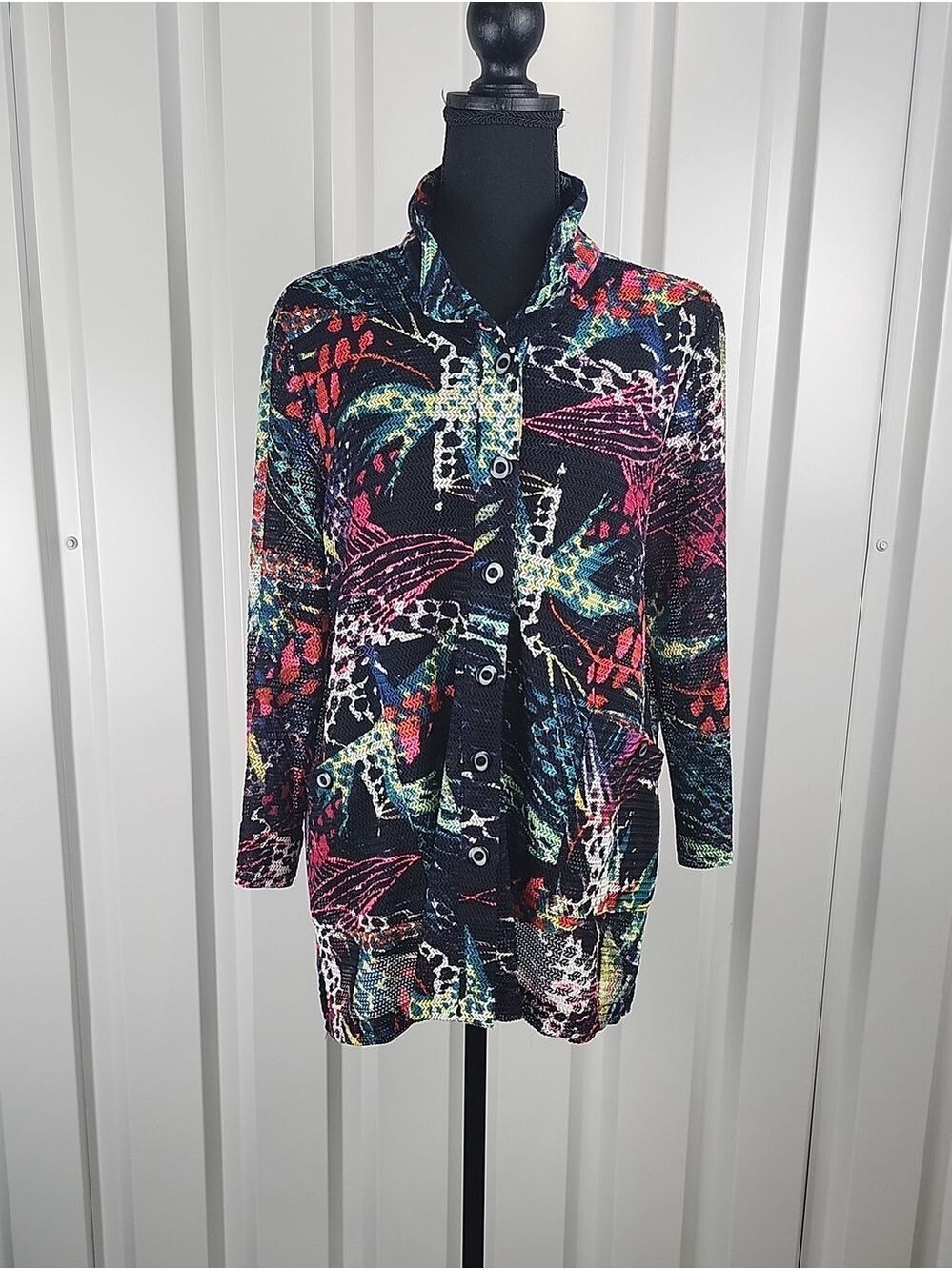 Ali Miles Womens Blue Multicolor Abstract Mesh Button-Down Shirt Medium Artsy